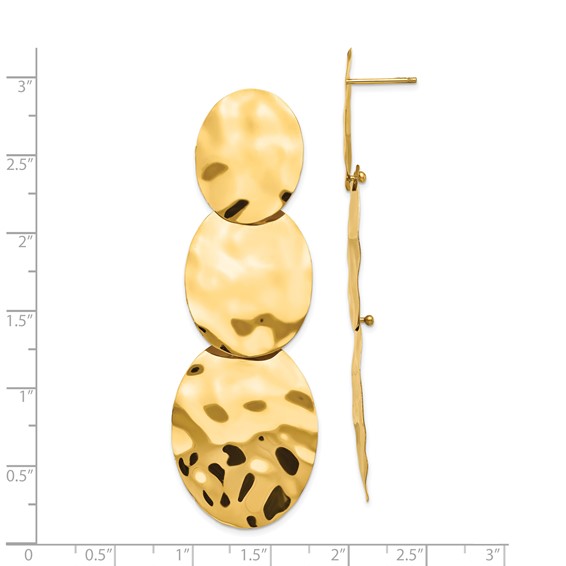 14k Polished Hammered Graduated 3-Circle Dangle Post Earrings