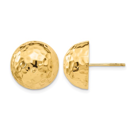 14K 14mm Yellow Gold Hammered Half Ball Post Earrings