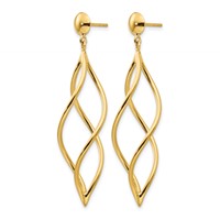 14K Yellow Gold Curved Tube Swirl Dangle Post Earrings view 2