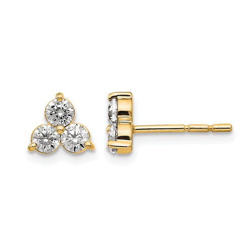 True Origin 14K Yellow Gold 0.75 Carat Lab Grown Diamond VS+ F+ Complete Three Stone Post Stud Earrings