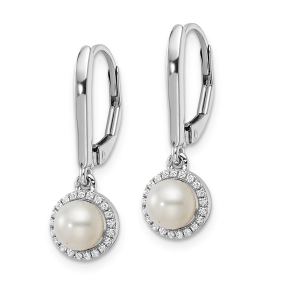 Sterling Silver CZ & Pearl Leverback Earrings