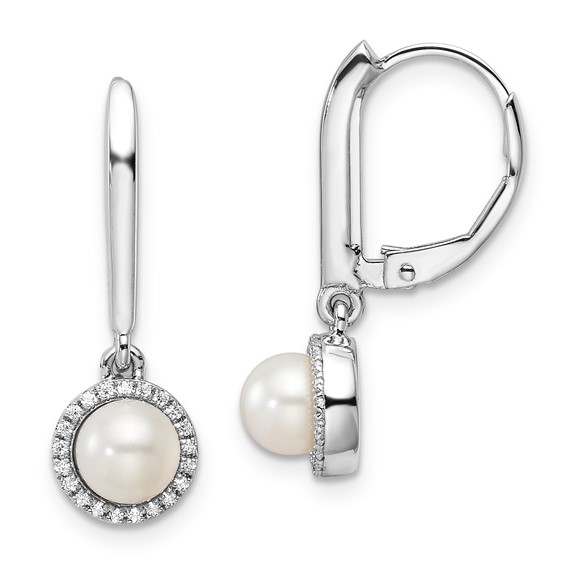 Sterling Silver CZ & Pearl Leverback Earrings