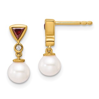 Gold Pearl and Gemstone Dangle Post Earrings
