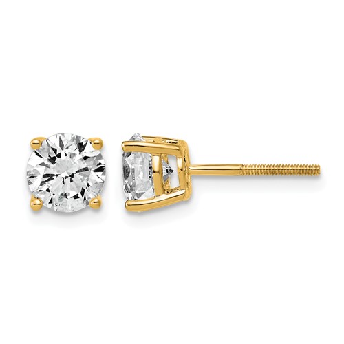 14K Yellow Gold 2 Carat Lab Grown Diamond VS+ F+ Round Complete Four Prong Lightweight Screwback Stud Earrings