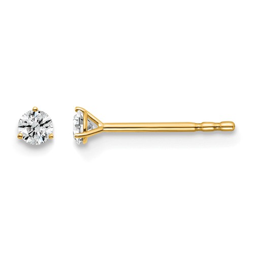 18K Yellow Gold 0.10 Carat Lab Grown Diamond VS+ F+ Round Complete Three Prong Stud Earrings