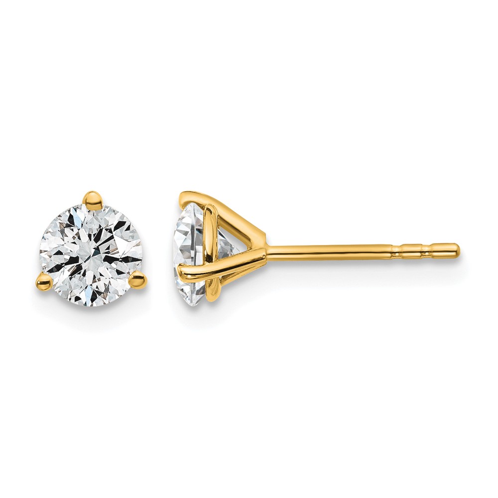 18K Yellow Gold 1 Carat Lab Grown Diamond VS+ F+ Round Complete Three Prong Stud Earrings