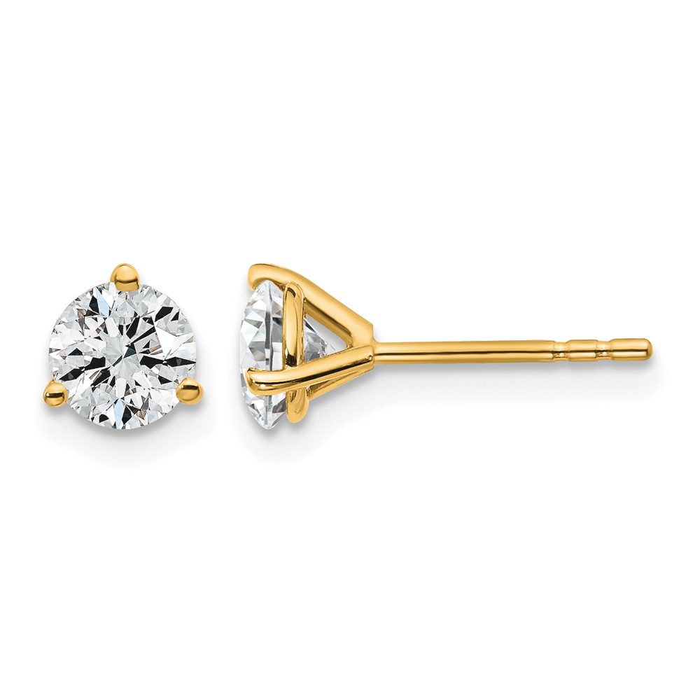 14K Yellow Gold 1 Carat Certified Lab Grown Diamond VS+ F+ Round Complete Three Prong Stud Earrings