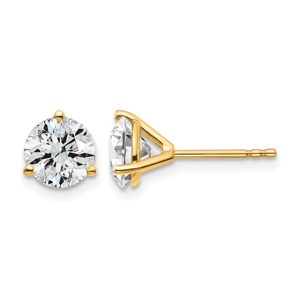 14K Yellow Gold 2 Carat Lab Grown Diamond VS SI+ G+ Round Complete Three Prong Stud Earrings