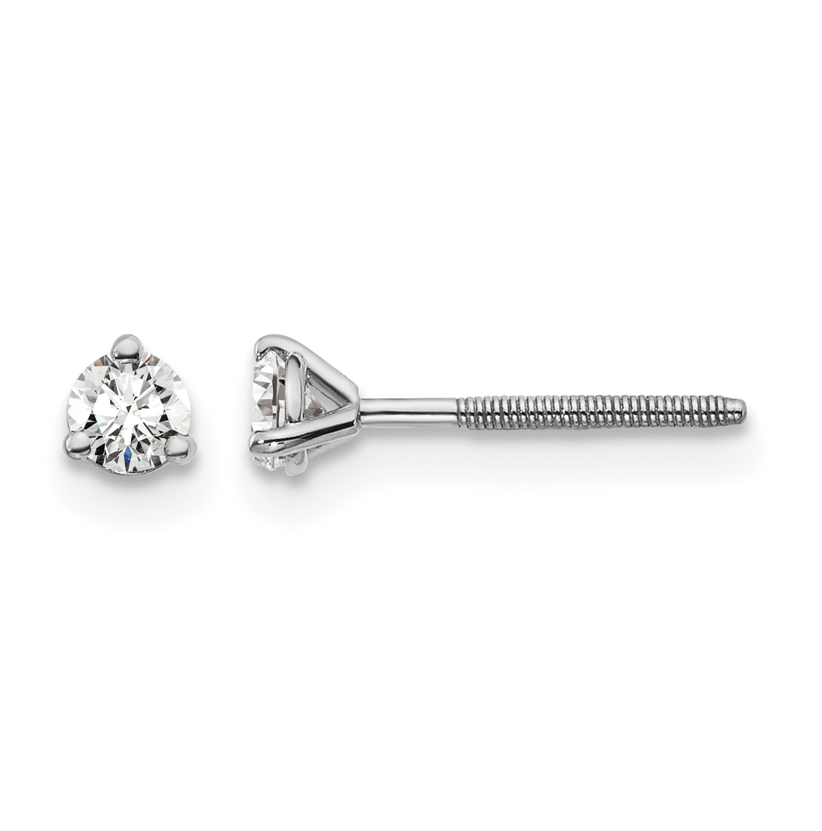 14k White Gold 1/5 carat Lab Grown Diamond VS+ F+ Round Complete Three Prong Screwback Stud Earrings (EM1007S-020-WLD)