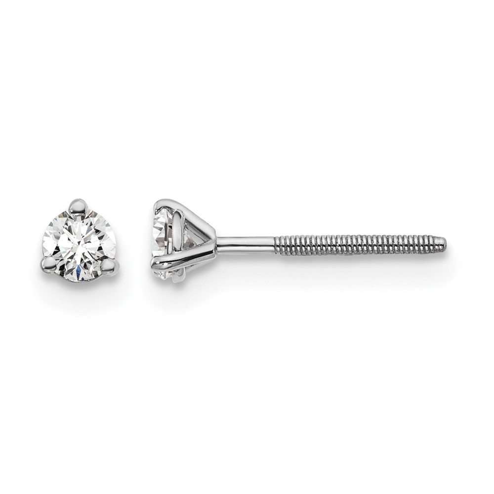 14k White Gold 1/5 carat Lab Grown Diamond VS+ F+ Round Complete Three Prong Screwback Stud Earrings (EM1007S-020-WLD)