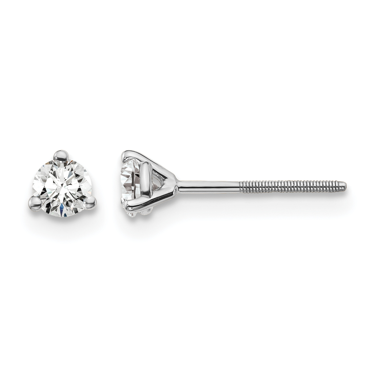 14k White Gold 1/4 carat Certified Lab Grown Diamond VS+ F+ Round Complete Three Prong Screwback Stud Earrings (EM1007S-025C-WLD)
