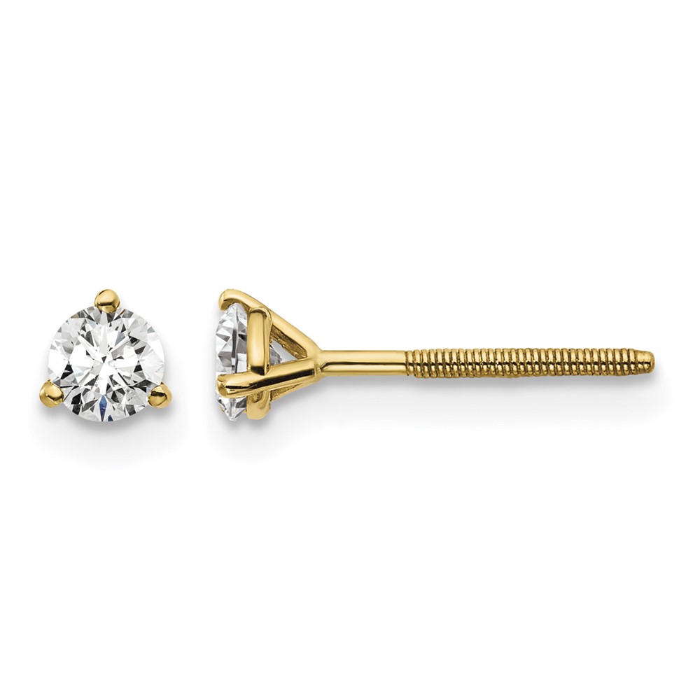 18K Yellow Gold 0.33 Carat Lab Grown Diamond VS+ F+ Round Complete Three Prong Screwback Stud Earrings