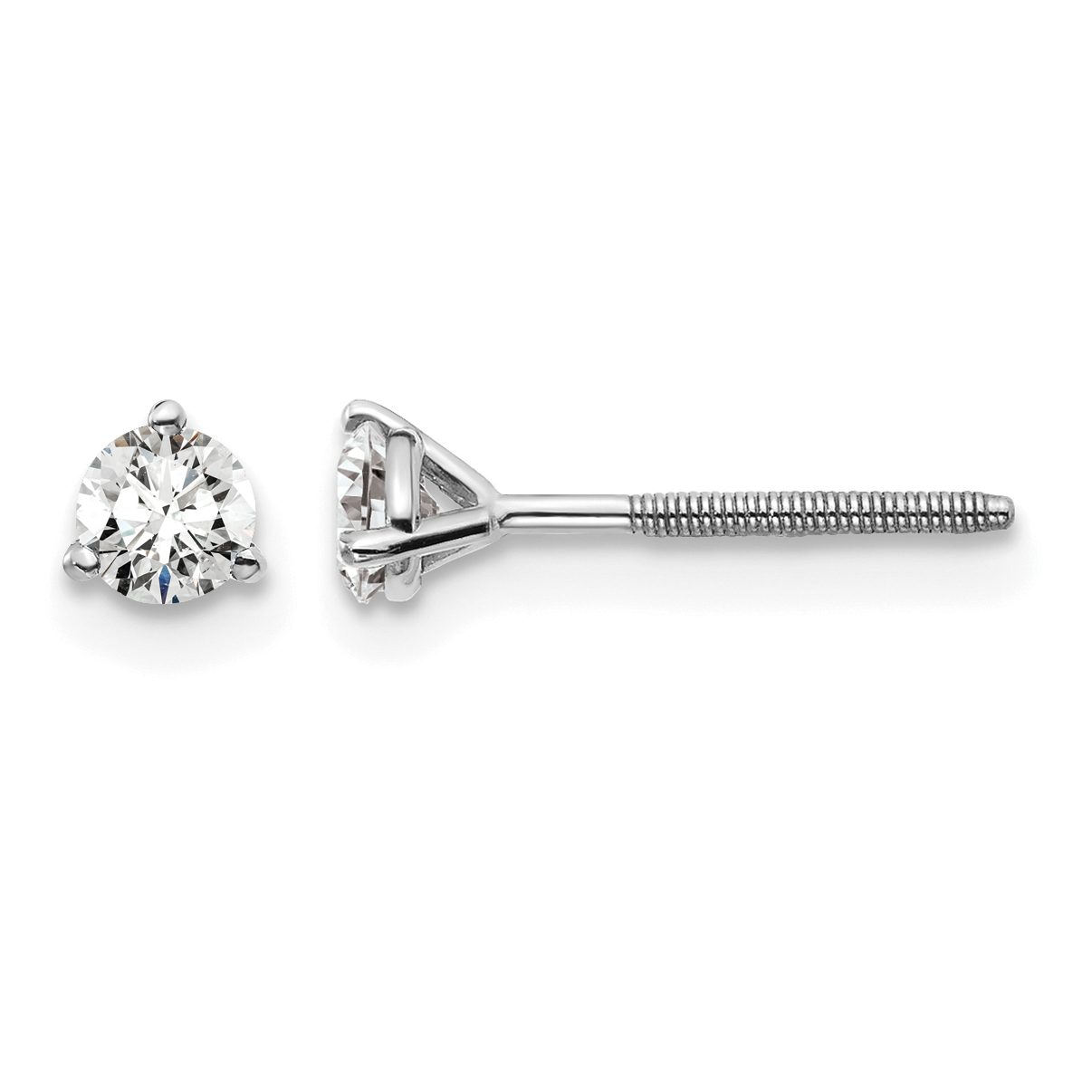 14k White Gold 1/3 carat Lab Grown Diamond VS+ F+ Round Complete Three Prong Screwback Stud Earrings (EM1007S-033-WLD)