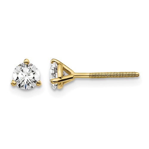 18K Yellow Gold 0.50 Carat Lab Grown Diamond VS+ F+ Round Complete Three Prong Screwback Stud Earrings