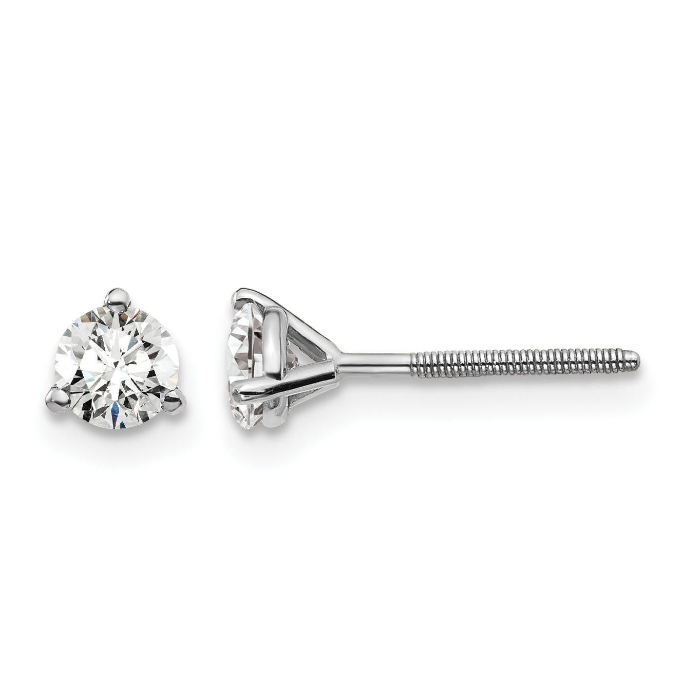 14k White Gold 1/2 carat Certified Lab Grown Diamond VS+ F+ Round Complete Three Prong Screwback Stud Earrings (EM1007S-050C-WLD)