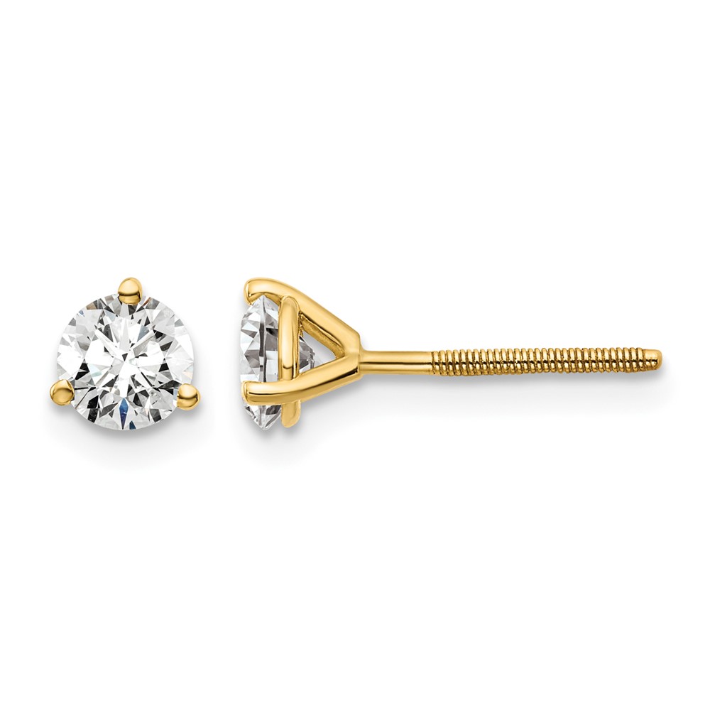 18K Yellow Gold 0.75 Carat Lab Grown Diamond VS+ F+ Round Complete Three Prong Screwback Stud Earrings