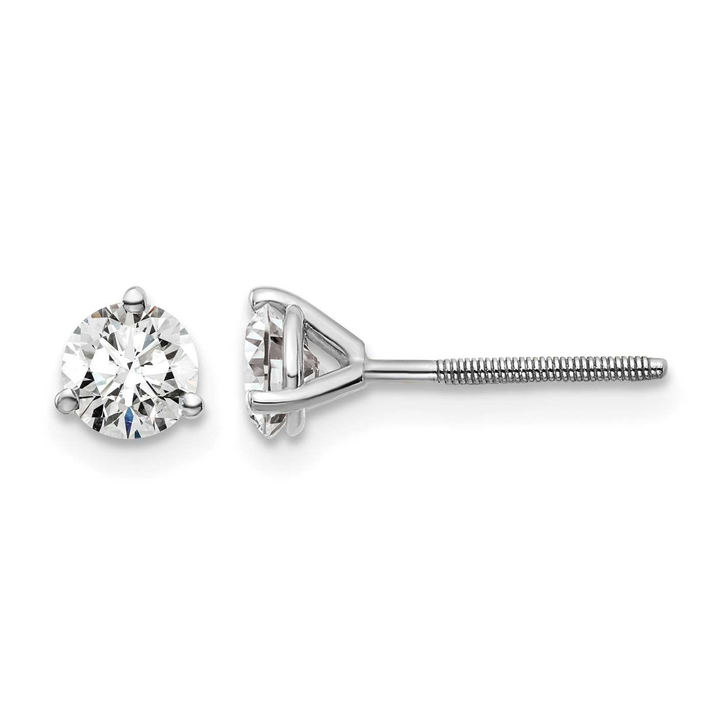 14k White Gold 3/4 carat Certified Lab Grown Diamond VS+ F+ Round Complete Three Prong Screwback Stud Earrings (EM1007S-075C-WLD)