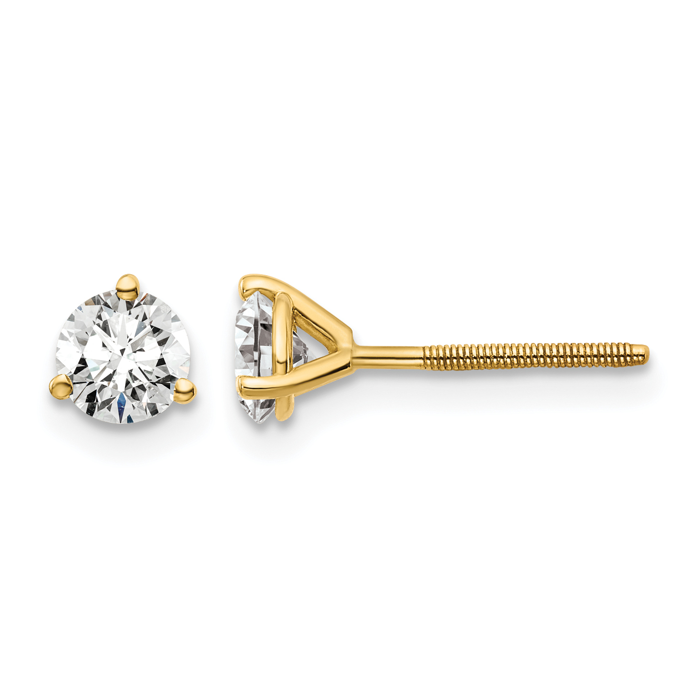 14k 3/4 carat Lab Grown Diamond VS+ F+ Round Complete Three Prong Screwback Stud Earrings (EM1007S-075-LD)