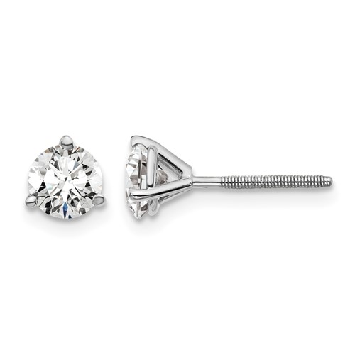 18K White Gold 1 Carat Lab Grown Diamond VS+ F+ Round Complete Three Prong Screwback Stud Earrings