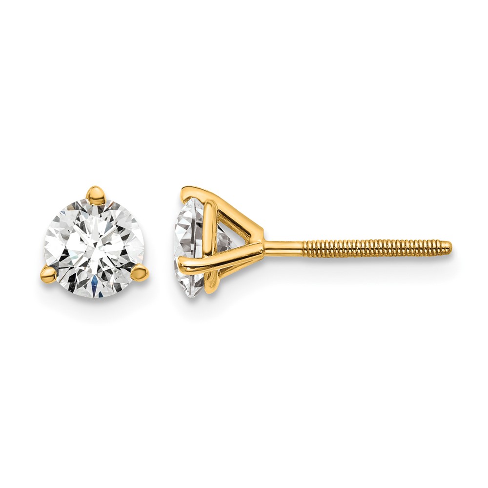 18K Yellow Gold 1 Carat Certified Lab Grown Diamond VS+ F+ Round Complete Three Prong Screwback Stud Earrings