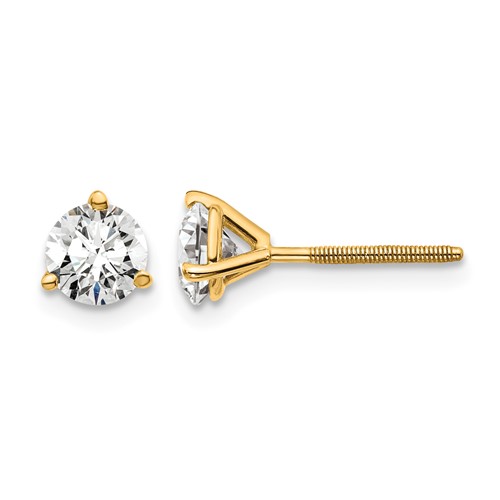 18K Yellow Gold 1 Carat Certified Lab Grown Diamond VS+ F+ Round Complete Three Prong Screwback Stud Earrings