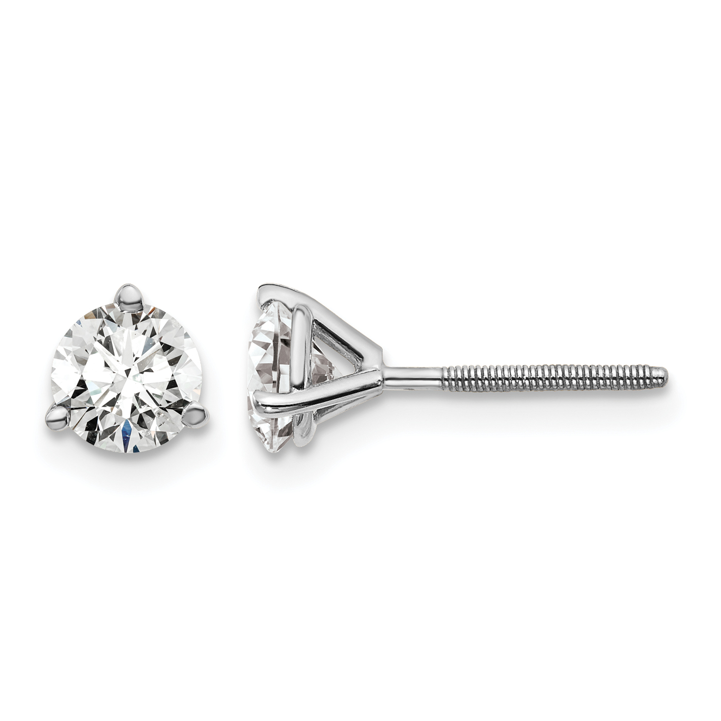 14k White Gold 1 carat Lab Grown Diamond VS+ F+ Round Complete Three Prong Screwback Stud Earrings (EM1007S-100-WLD)