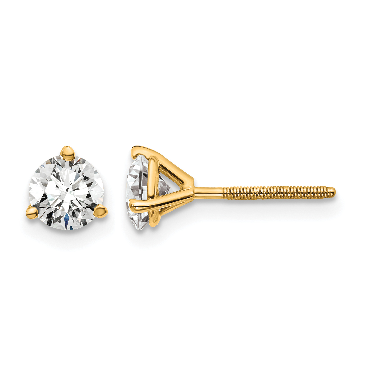 14k 1 carat Lab Grown Diamond VS+ F+ Round Complete Three Prong Screwback Stud Earrings (EM1007S-100-LD)