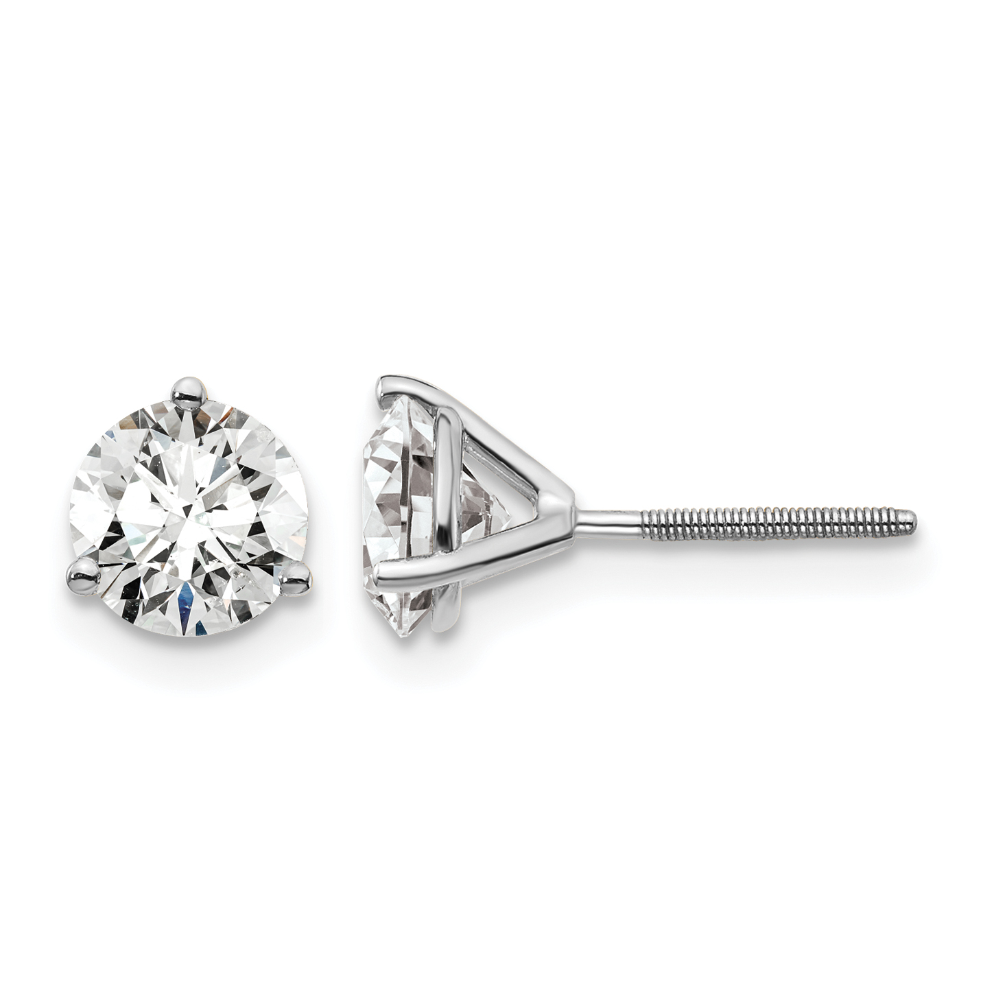 14k White Gold 1 1/2 carat Lab Grown Diamond VS+ F+ Round Complete Three Prong Screwback Stud Earrings (EM1007S-150-WLD)
