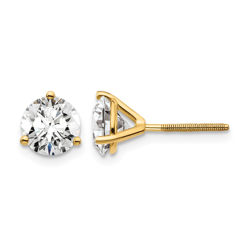 18K Yellow Gold 3 Carat Lab Grown Diamond VS+ F+ Round Complete Three Prong Screwback Stud Earrings