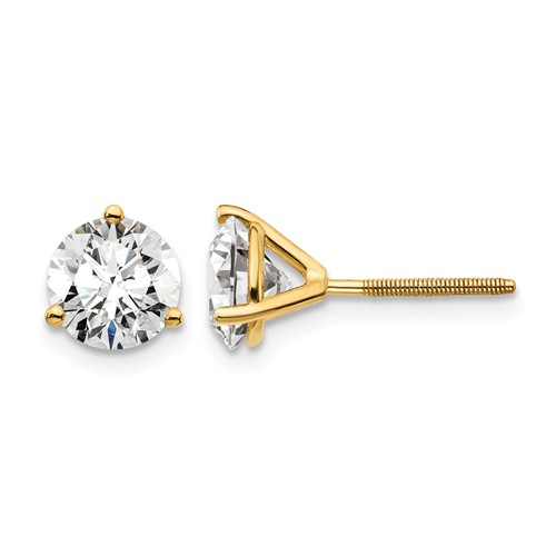 18K Yellow Gold 3 Carat Lab Grown Diamond VS+ F+ Round Complete Three Prong Screwback Stud Earrings