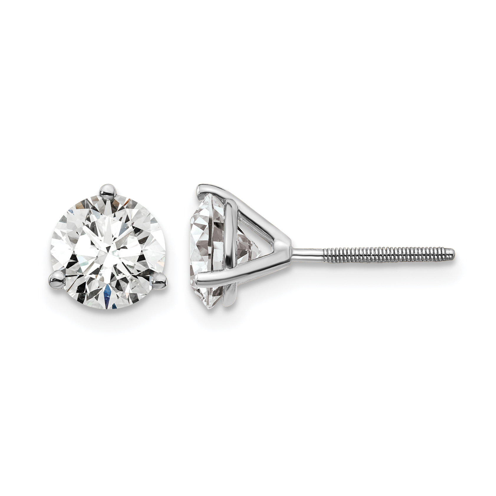 14k White Gold 2 carat Certified Lab Grown Diamond VS+ F+ Round Complete Three Prong Screwback Stud Earrings (EM1007S-200C-WLD)