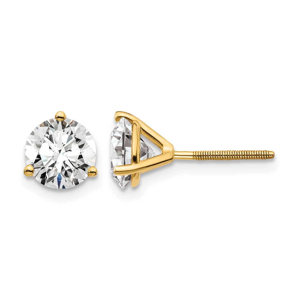 14K Yellow Gold 2 Carat Lab Grown Diamond VS SI+ G+ Round Complete Three Prong Screwback Stud Earrings
