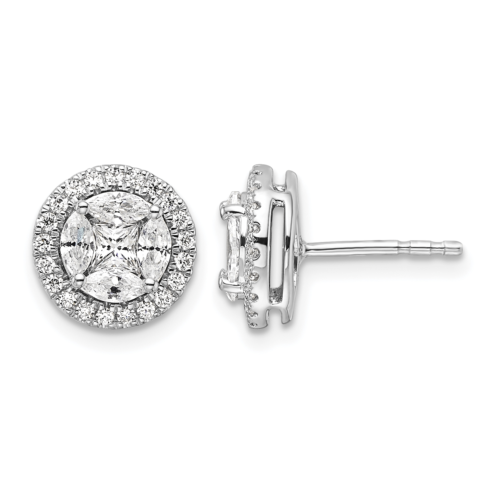 14k White Gold 1 carat Lab Grown Diamond VS/SI+ G+ Complete Round and Marquise Halo Post Earrings (EM10164-100-WLG)