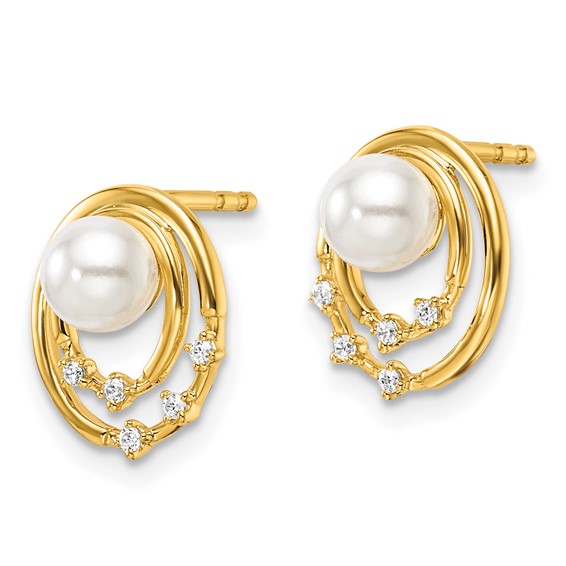 14K Polished 1/20 carat Diamond and White Freshwater Cultured Pearl Ovals Drop Post Earrings