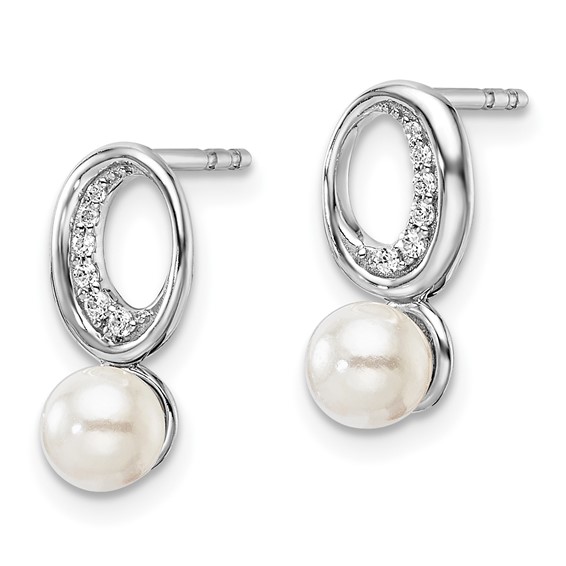 14K White Gold Polished 1/20 carat Diamond and White Freshwater Cultured Pearl Drop Post Earrings