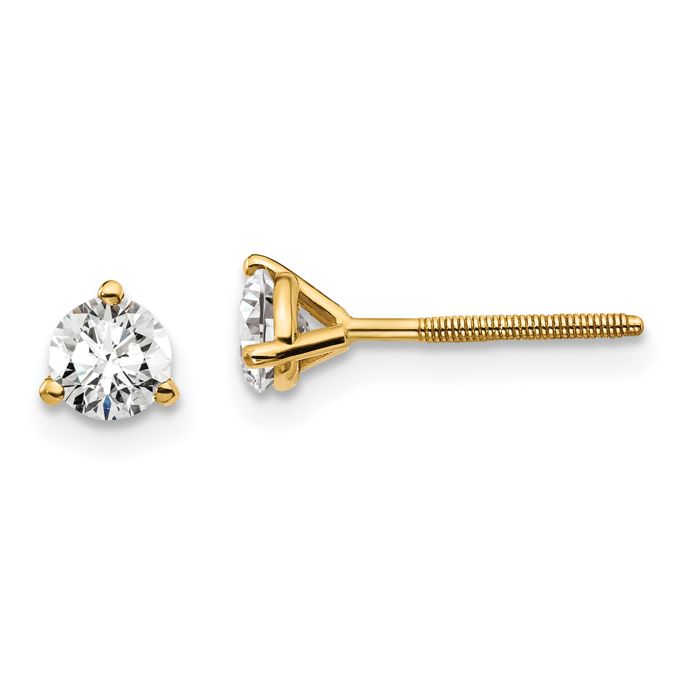 14k Yellow Gold 1/2 ctw Lab Grown Diamond VS+ F+ Round 3 Prong Heavy Wt. Screwback Stud Earrings (EM1017S-050-LD)