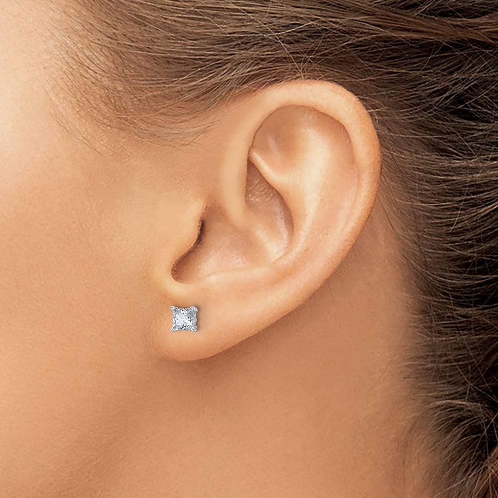 14k White Gold 1 carat Lab Grown Diamond VS+ F+ Princess Complete Four Prong Stud Earrings (EM1018-100-WLD)