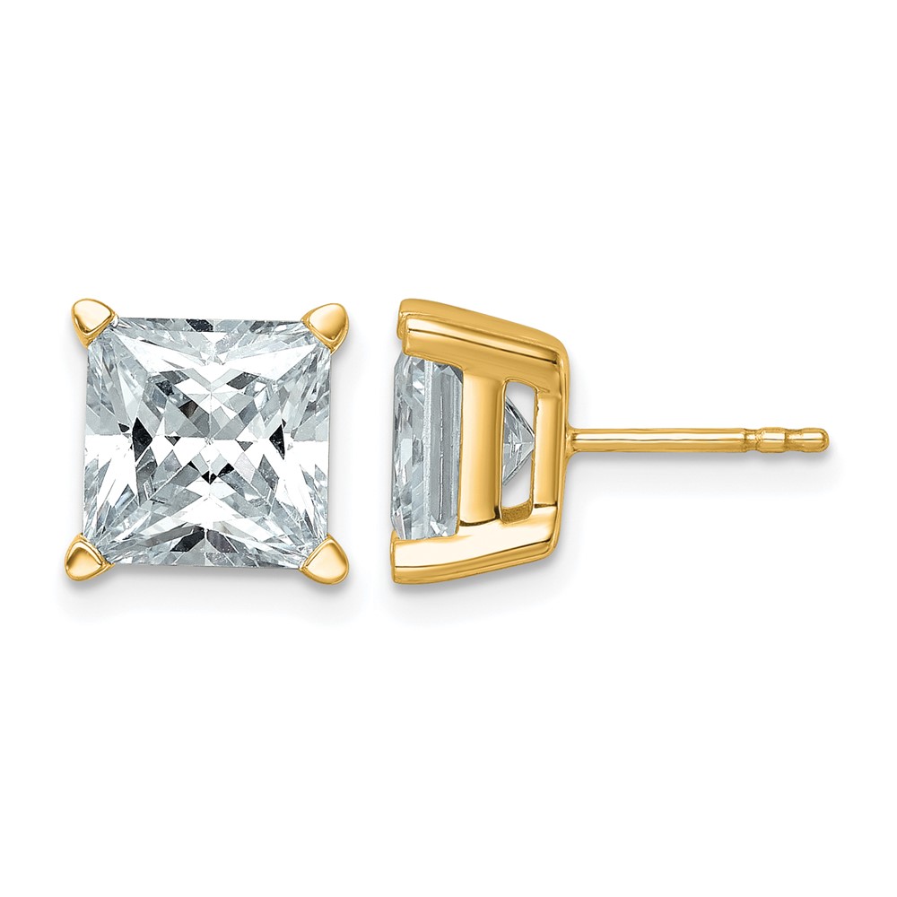 14K Yellow Gold 6 Carat Lab Grown Diamond VS+ F+ Princess Complete Four Prong Stud Earrings