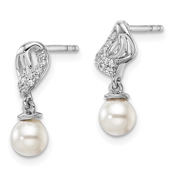 14K White Gold Polished 1/20 carat Diamond and White Freshwater Cultured Pearl Dangle Post Earrings