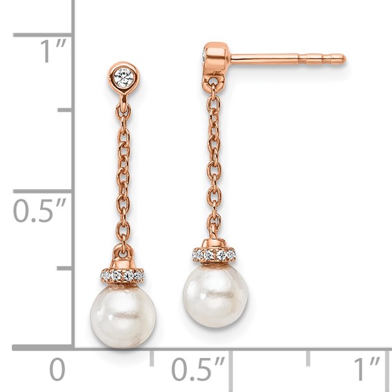 14K Rose Gold Polished 1/10 carat Diamond and White Freshwater Cultured Pearl Chain Dangle Post Earrings