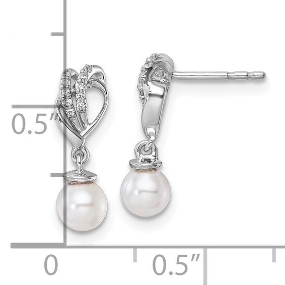 14K White Gold Polished 1/15 carat Diamond and White Freshwater Cultured Pearl Dangle Post Earrings