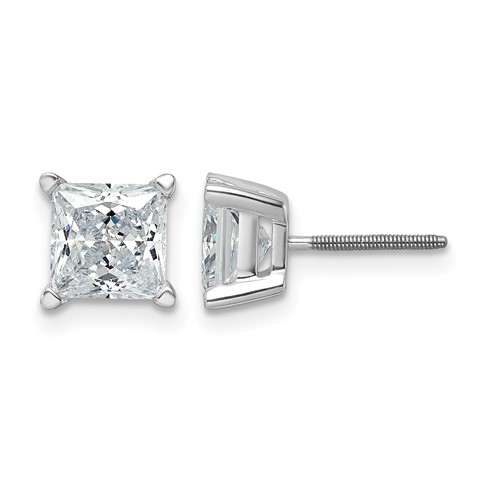 14K White Gold 3 Carat Certified Lab Grown Diamond VS+ F+ Princess Complete Four Prong Screwback Stud Earrings