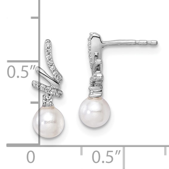 14K White Gold Polished 1/10 carat Diamond and White Freshwater Cultured Pearl Drop Post Earrings