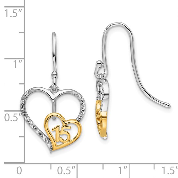 14K Two-tone Polished 1/20 carat Diamond Quinceanera 15 Heart Dangle French Hook Earrings