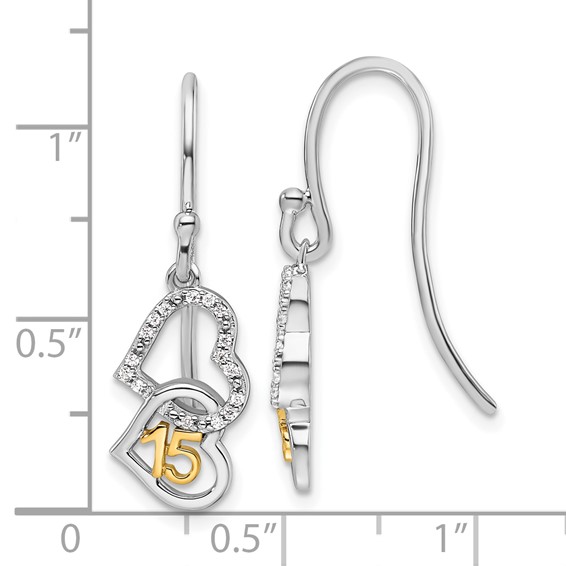 14K Two-tone 1/10 carat Diamond Quinceanera 15 Double Heart Dangle French Hook Earrings