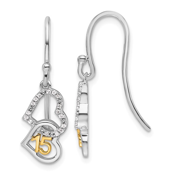 14K Two-tone 1/10 carat Diamond Quinceanera 15 Double Heart Dangle French Hook Earrings