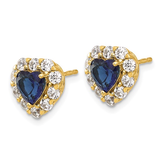 14k 1 1/3 carat Lab Grown Diamond VS/SI+ G+ and Created Sapphire Complete Halo Heart Post Earrings
