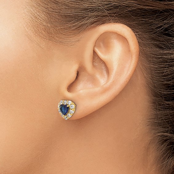 14k 1 1/3 carat Lab Grown Diamond VS/SI+ G+ and Created Sapphire Complete Halo Heart Post Earrings