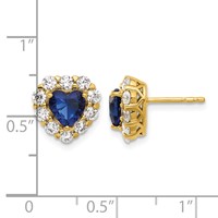 14K Yellow Gold 1.33 Carat Lab Grown Diamond VS SI+ G+ and Created Sapphire Complete Halo Heart Post Earrings view 4
