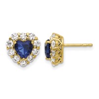 14K Yellow Gold 1.33 Carat Lab Grown Diamond VS SI+ G+ and Created Sapphire Complete Halo Heart Post Earrings view 1